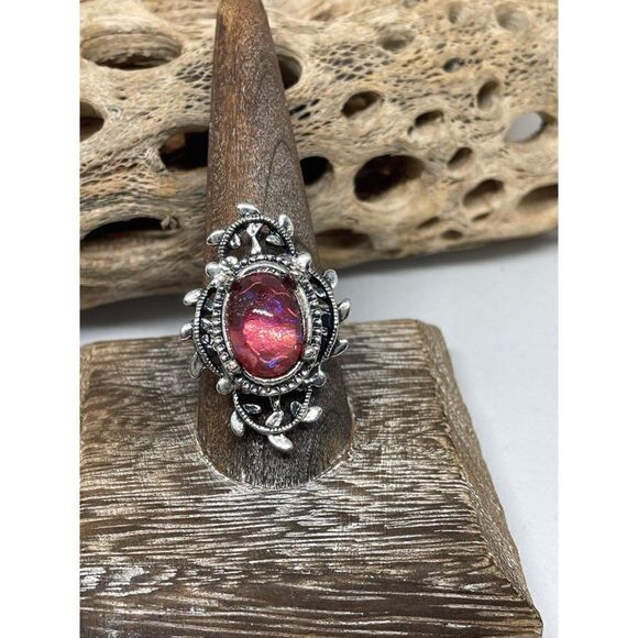 CHRISTMAS GOTHIC Renaissance silver Ring Mexican Fire Opal Dragons breath - Picture 2 of 7